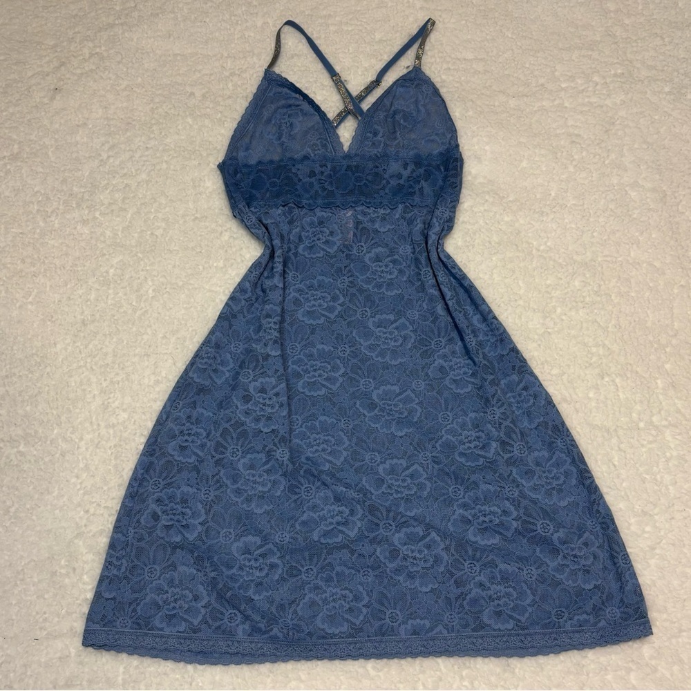 Victoria’s Secret Women Blue Floral Lace Cami Slip Nightgown Dress